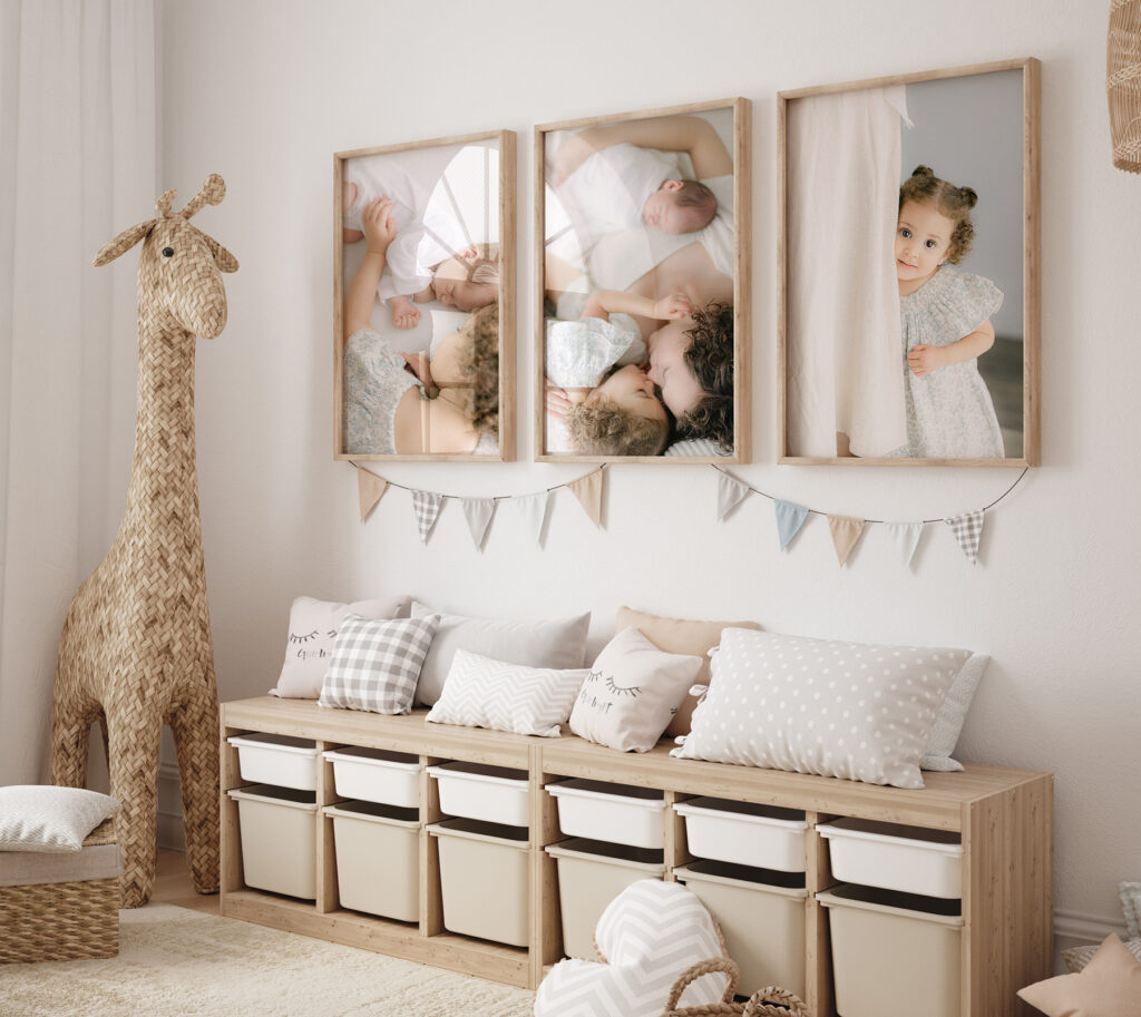 Children's playroom with neutral colors, a large stuffed giraffe, and toy storage cubes. Framed Carmel family pictures hang over the storage featuring photos of a toddler girl and her newborn brother.