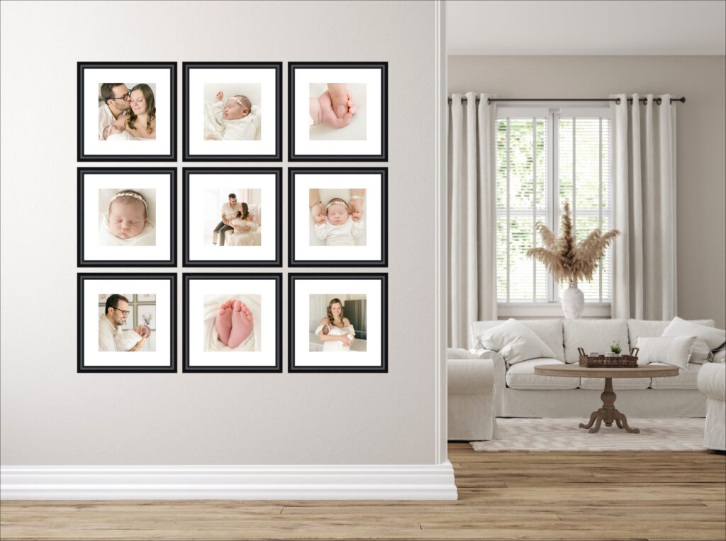 A neutral hallway full of framed fine art prints from a family photography session in Carmel