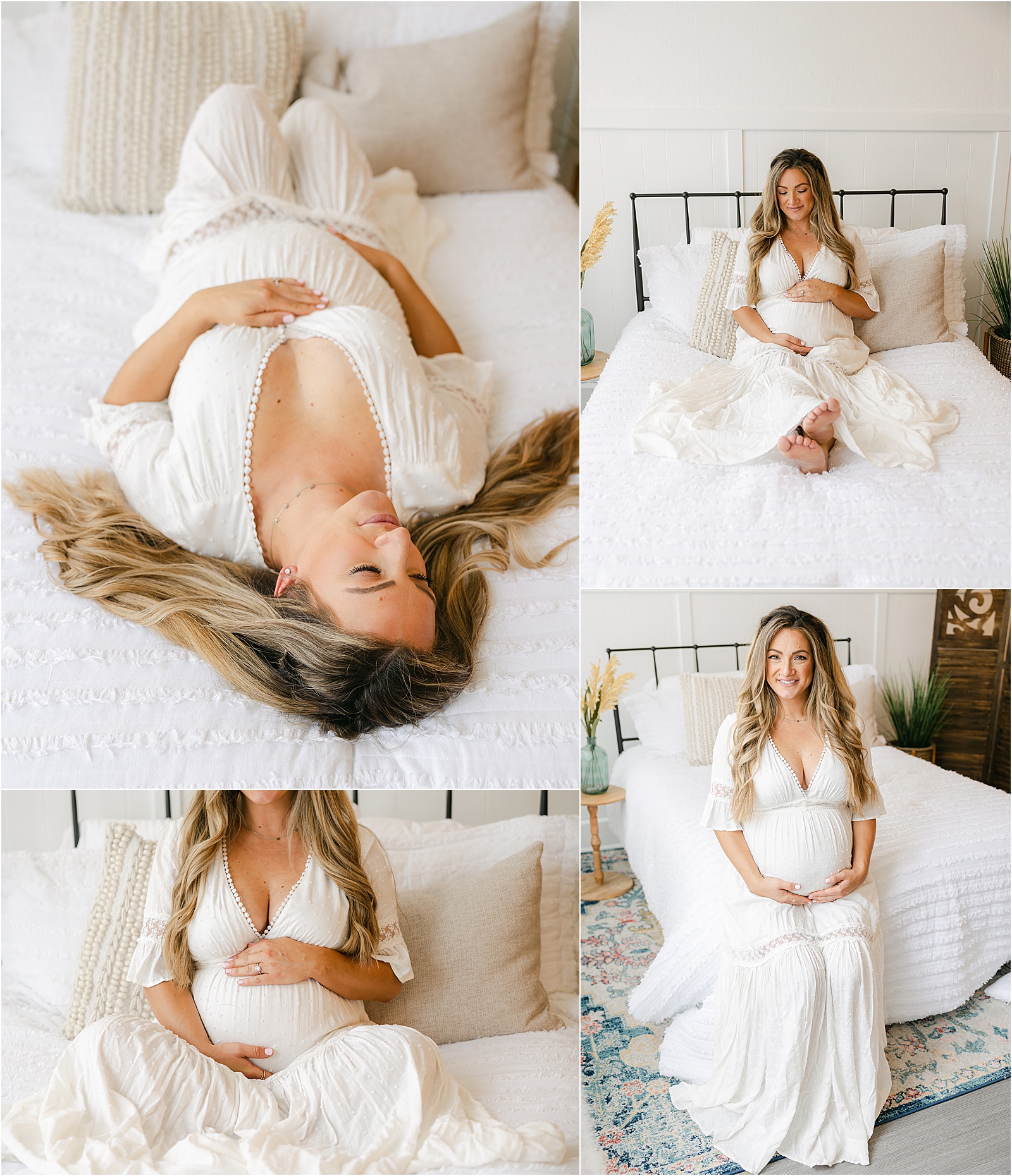 glimpse of amielia's indianapolis maternity session, 32 weeks pregnant posed on white bed with white dress