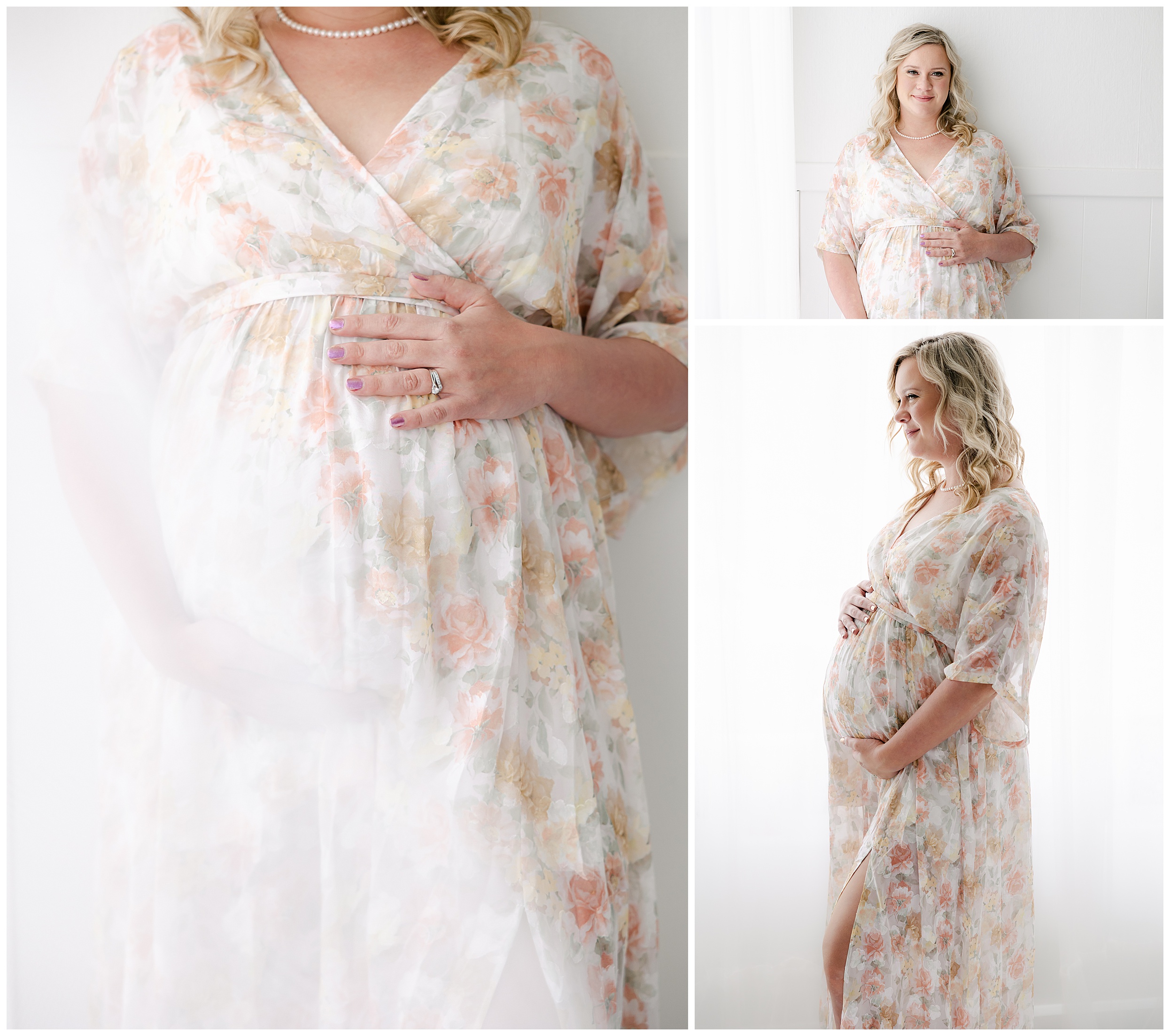 Mother in floral gown holding baby bump during studio maternity session with indianapolis photographer Brittney Lear