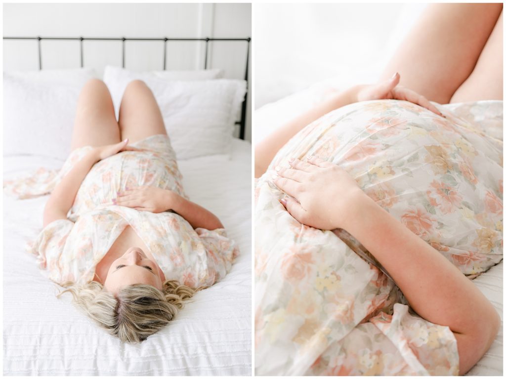 mother posing on bed for intimate studio maternity session in indianapolis