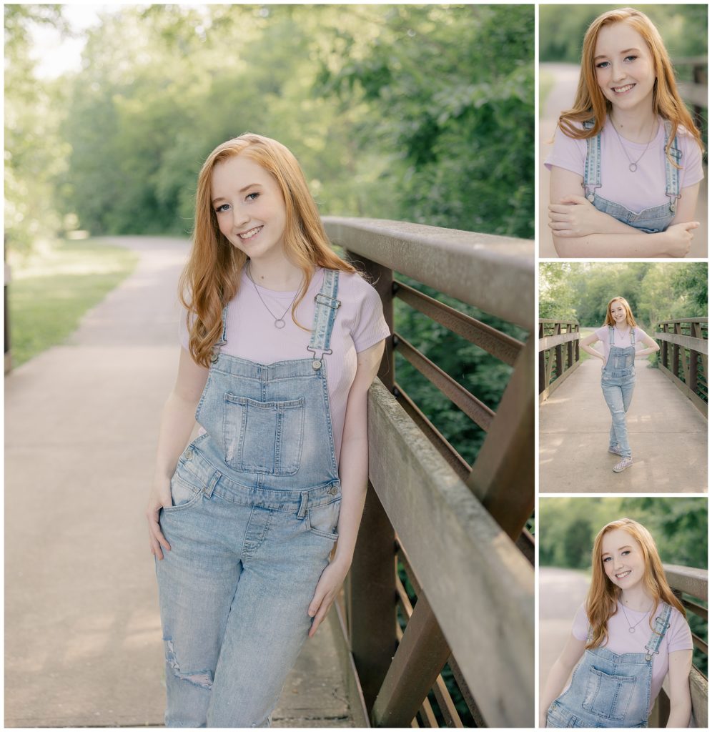 Girl in overalls leaning against a bridge at her Indianapolis senior photography session
