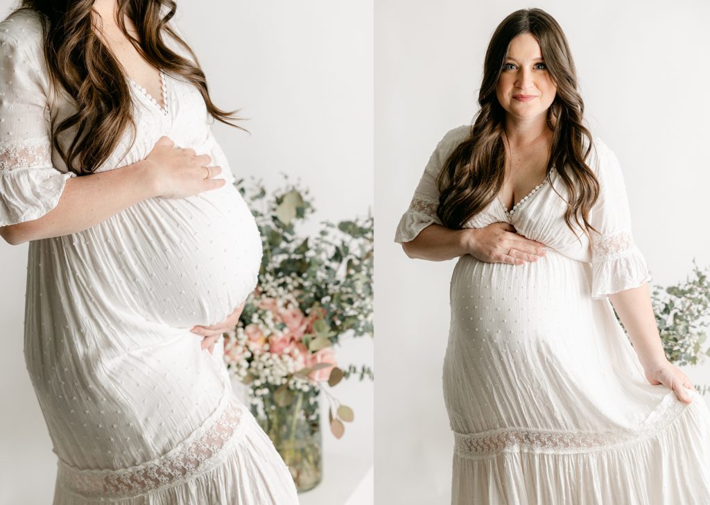 Indianapolis intimate maternity photography session mother holding baby bump in white dress