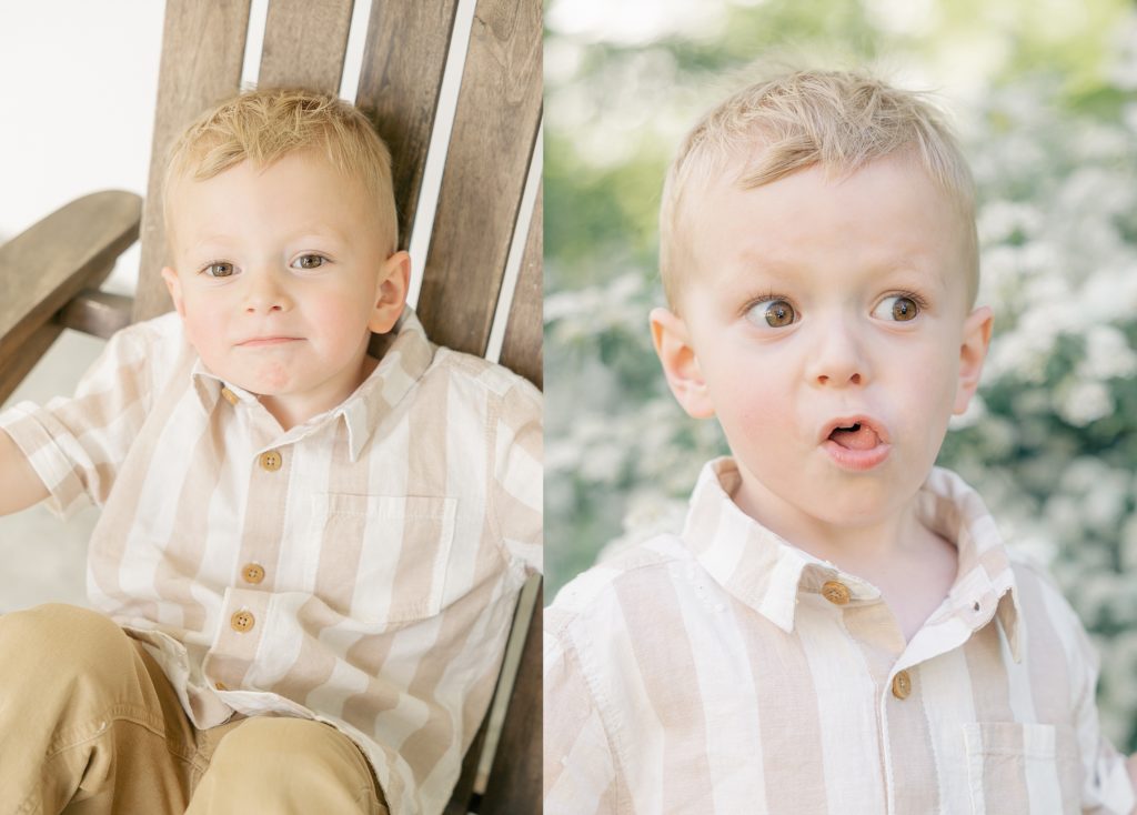 Newfields family session with indianapolis photographer 3 year old boy making silly faces