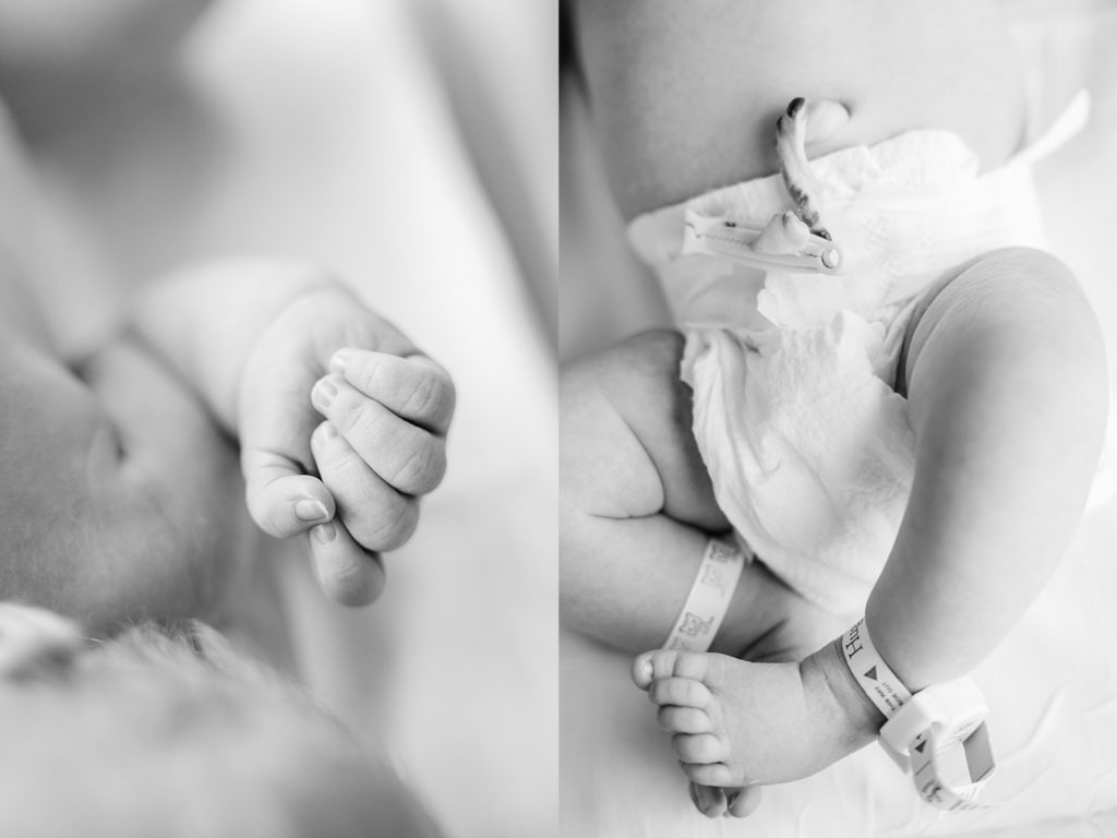 black and white images of a newborn baby's hand and feet while in the hospital during a fresh 48 session with Indianapolis newborn photographer Brittney Lear Photography 