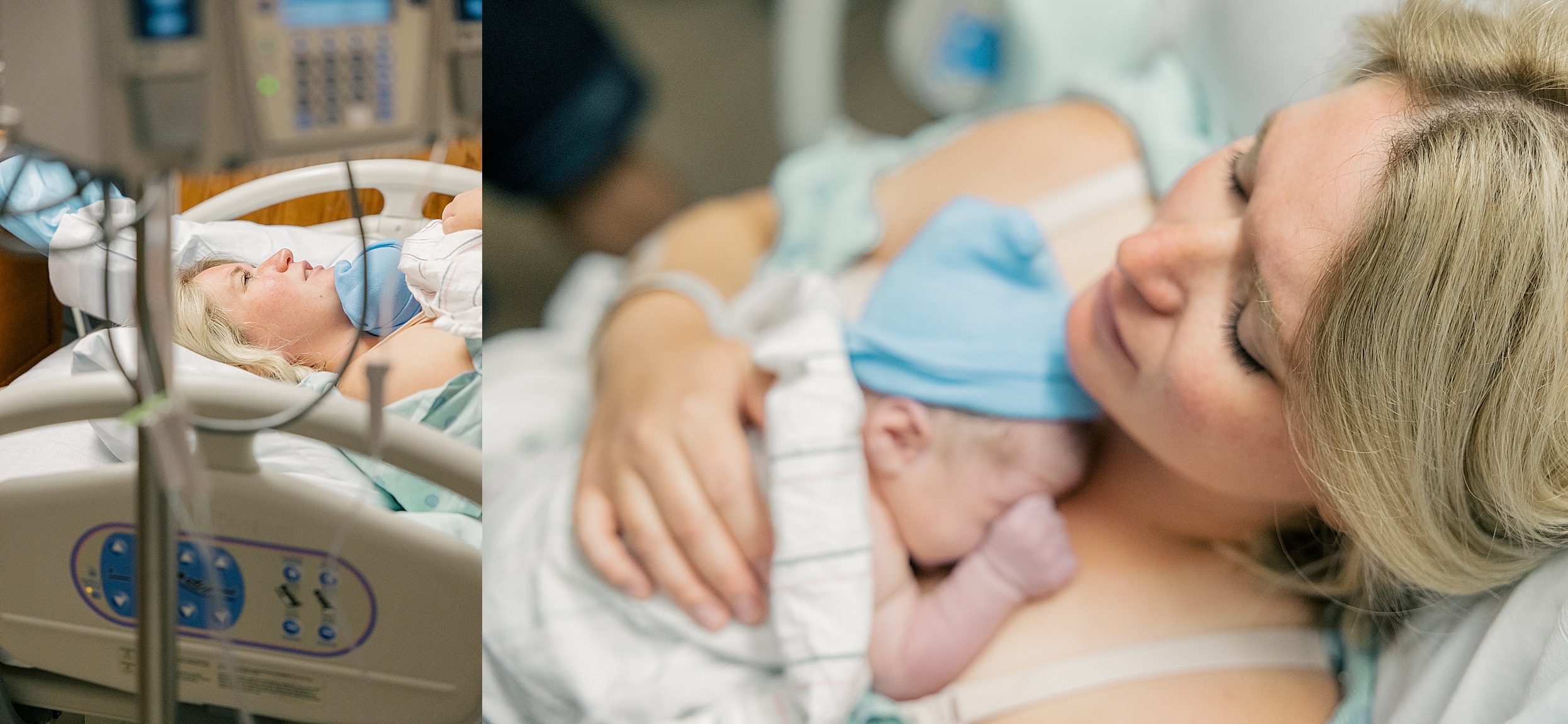 What to pack in your hospital bag when having a baby, tips from indianapolis newborn photographer Brittney Lear Photography, mother holding newborn baby in St. Vincent Women's hospital bed