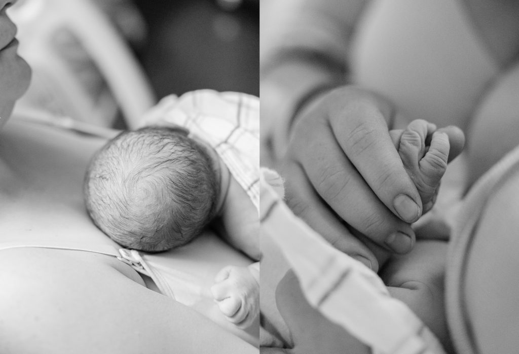 Black and white fresh 48 image of newborn on mother's chest for skin to skin time after birth, mom holding newborn baby's hand, Indianapolis newborn photography