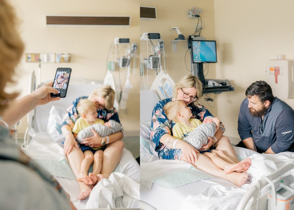 What to pack in your hospital bag when having a baby, images of mother and her children while snuggling in her postpartum hospital room bed