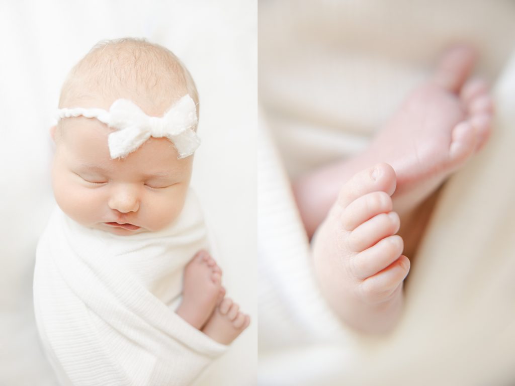 Indianapolis in home newborn session baby girl wrapped in all white with white bow