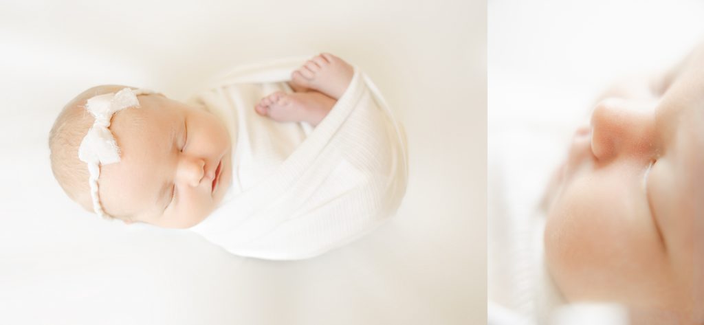 Indianapolis in home newborn session baby girl wrapped in all white with white bow