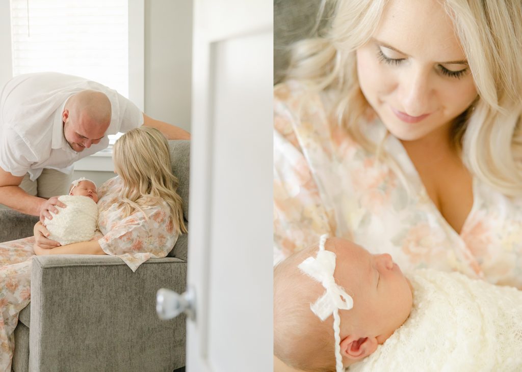 Indianapolis newborn photography session images of mother holding newborn baby girl while rocking in their glider at their in home lifestyle session