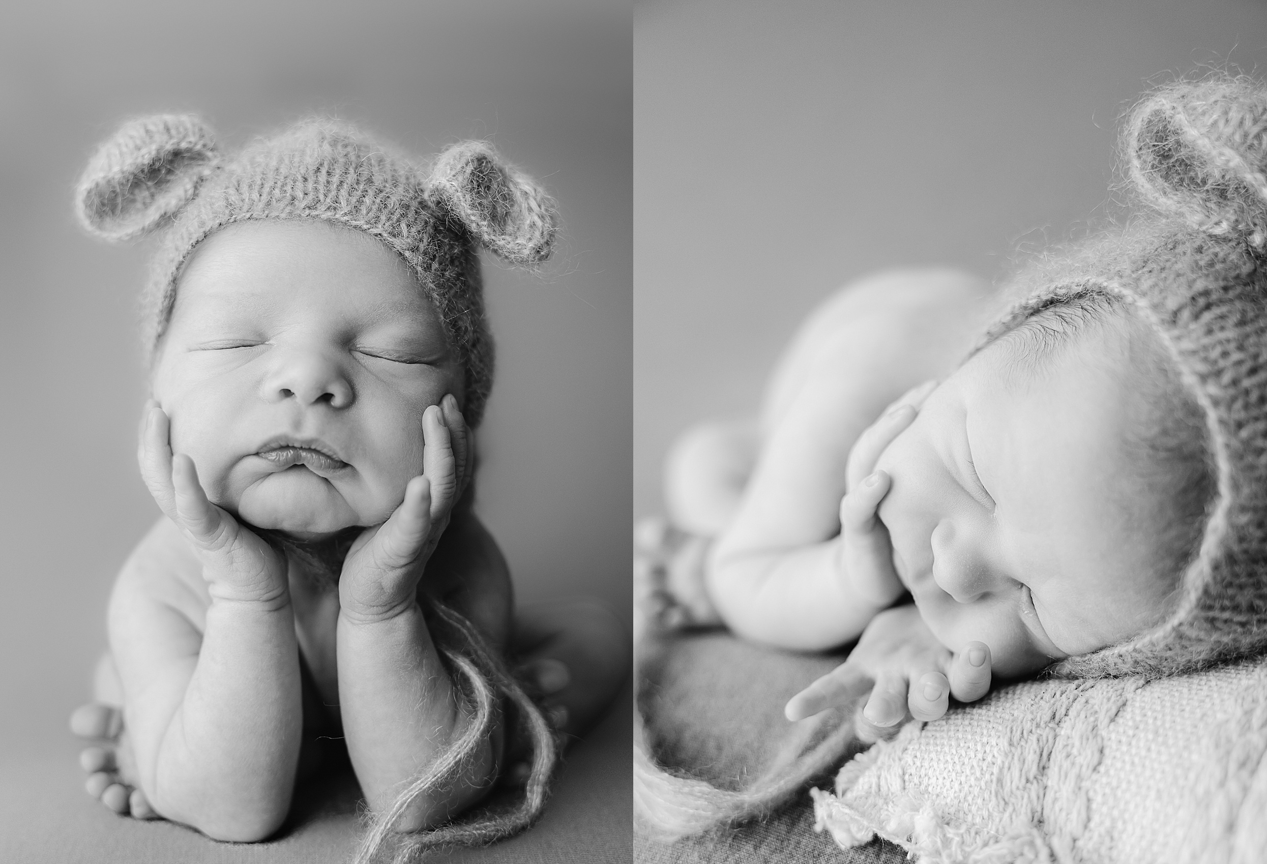 Newborn baby posed in froggy and side lying positions in black and white
