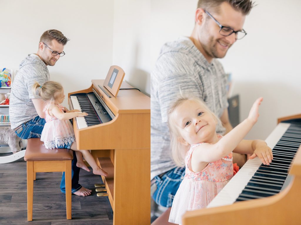 Indianapolis lifestyle family Photography, father and toddler daughter playing piano together