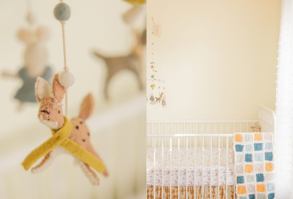 Indianapolis in home newborn photography session, woodland nursery decor, yellow, orange, and blue nursery