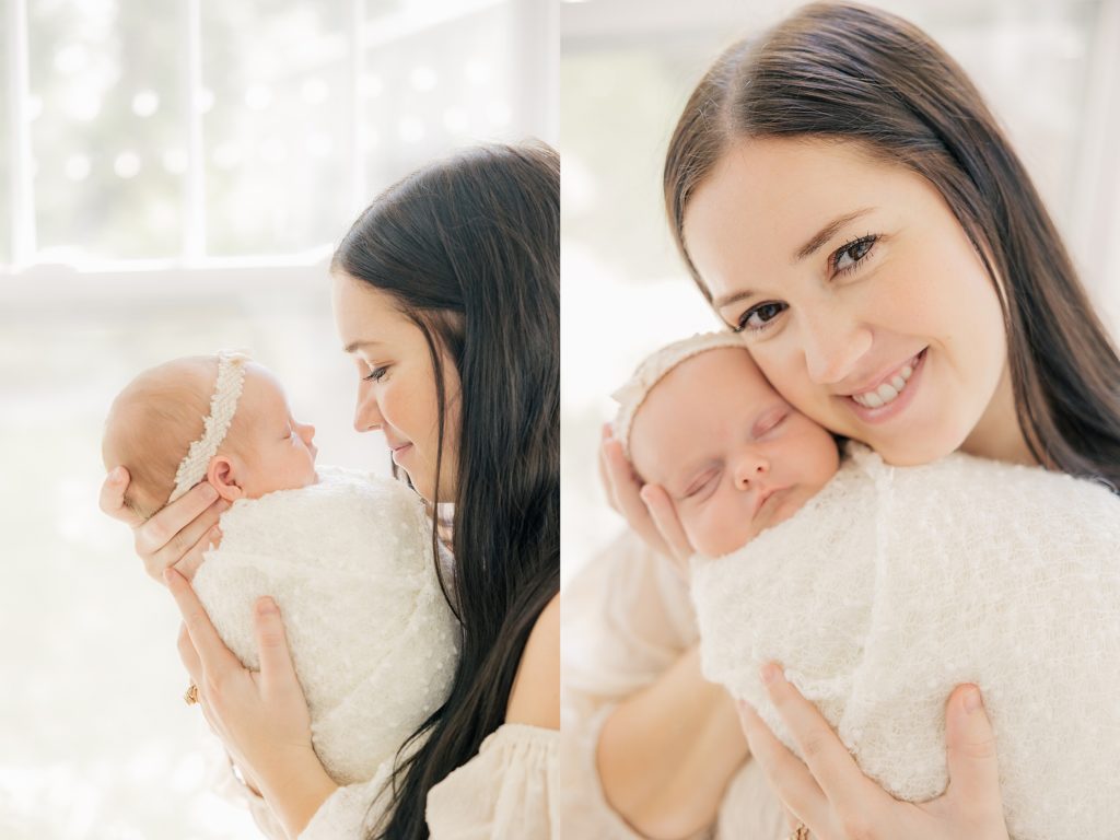 In home newborn photography session with Indianapolis newborn photographer Brittney Lear. Mother holding baby wrapped in cream swaddle