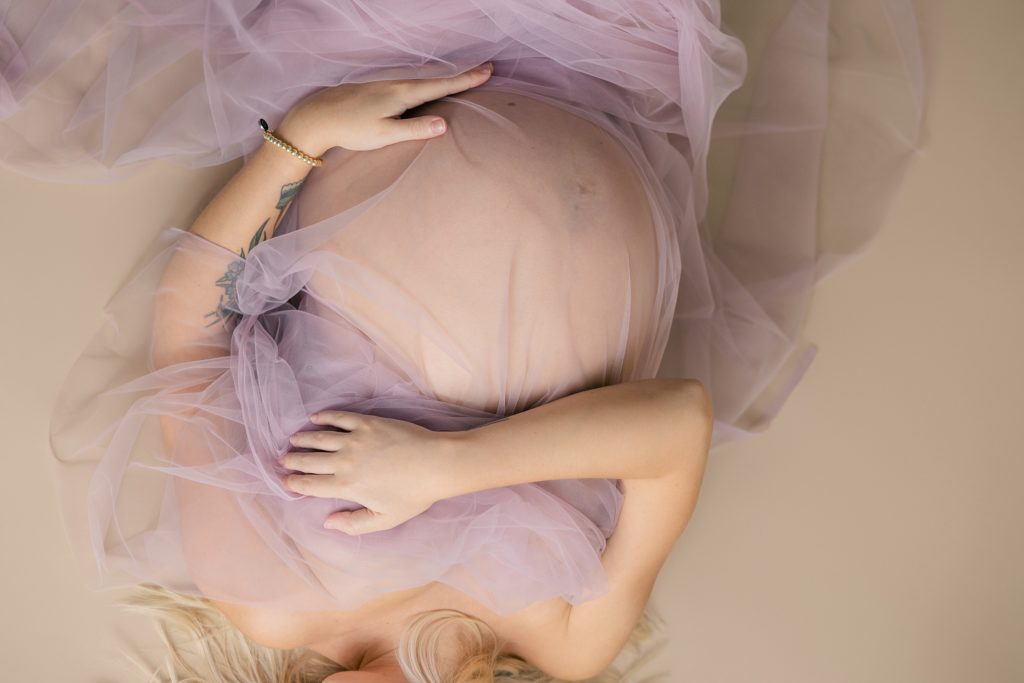 Indianapolis Studio Maternity Photographer, intimate maternity session, lilac tulle