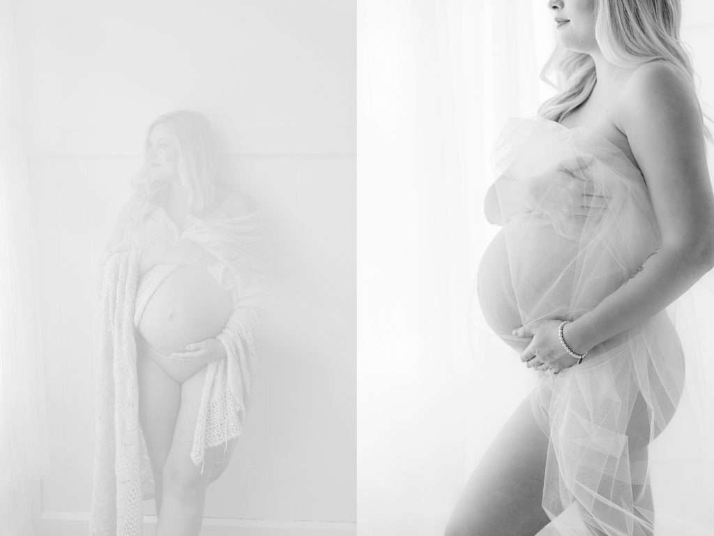 Indianapolis Studio Maternity Photographer, intimate maternity session, third trimester, mother holding belly while draped in blanket and tulle