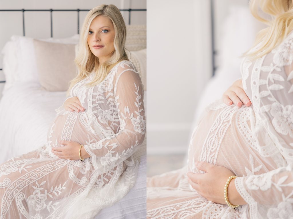Indianapolis Studio Maternity Photographer, intimate maternity session, mother holding belly while sitting on bed
