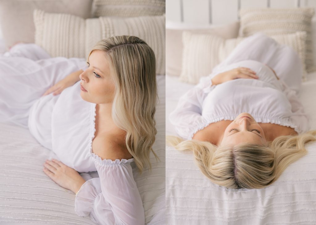 Indianapolis Studio Maternity Photographer, intimate maternity session, mother holding belly while lying on bed