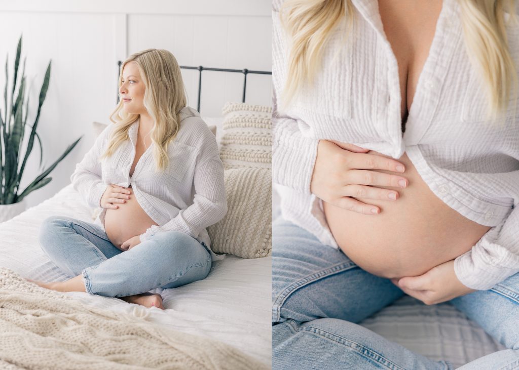 Indianapolis Studio Maternity Photographer, intimate maternity session, mother holding belly while sitting on bed