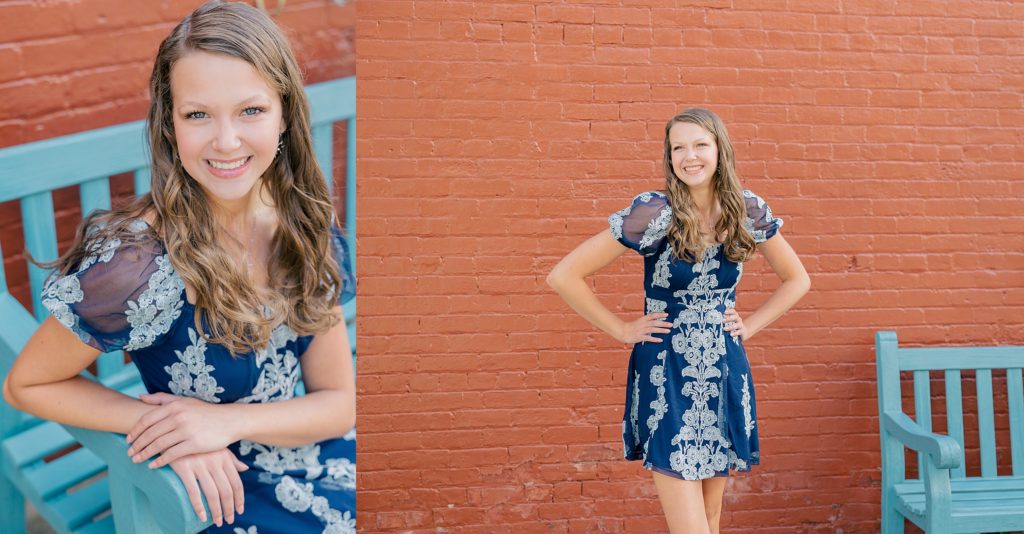 zionsville senior photography session, lebanon high school senior, indianapolis senior photographer, red brick wall with teal bench