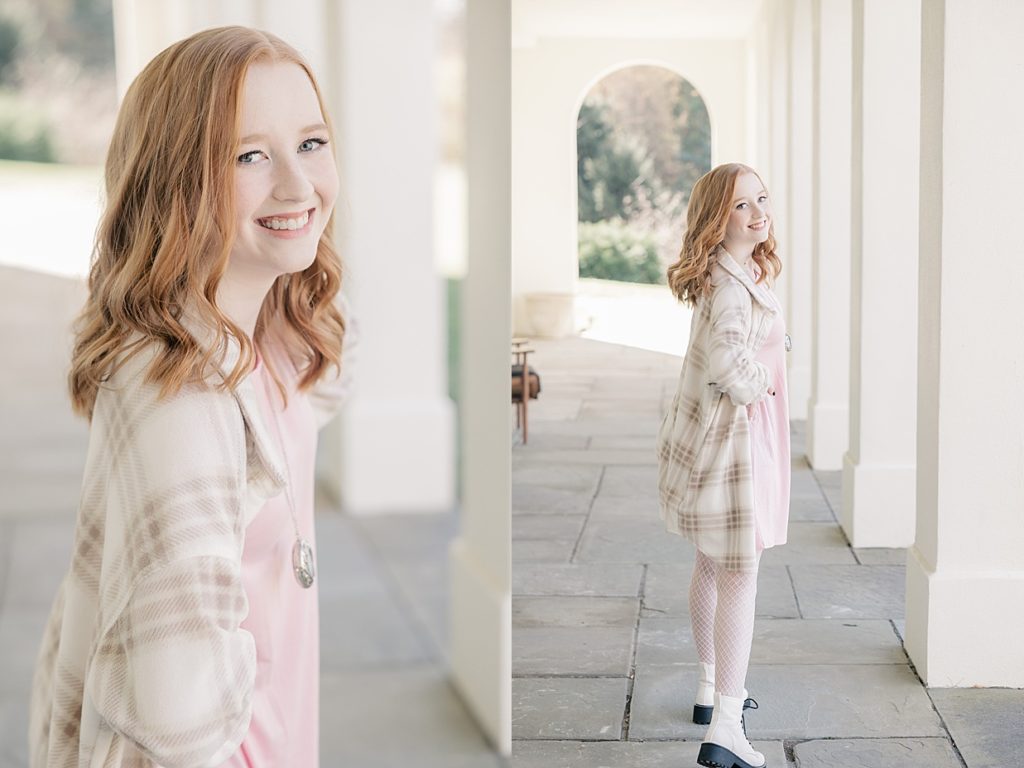 Newfields senior photography session with Indianapolis photographer Brittney Lear Photography, senior girl with red hair in a pink dress and Doc Martens