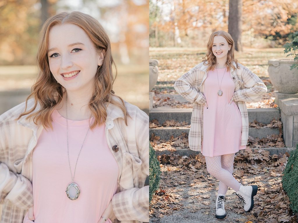Images of a senior girl in a pink dress with fall leaves around at Newfields for her senior session with Indianapolis photographer Brittney Lear Photography