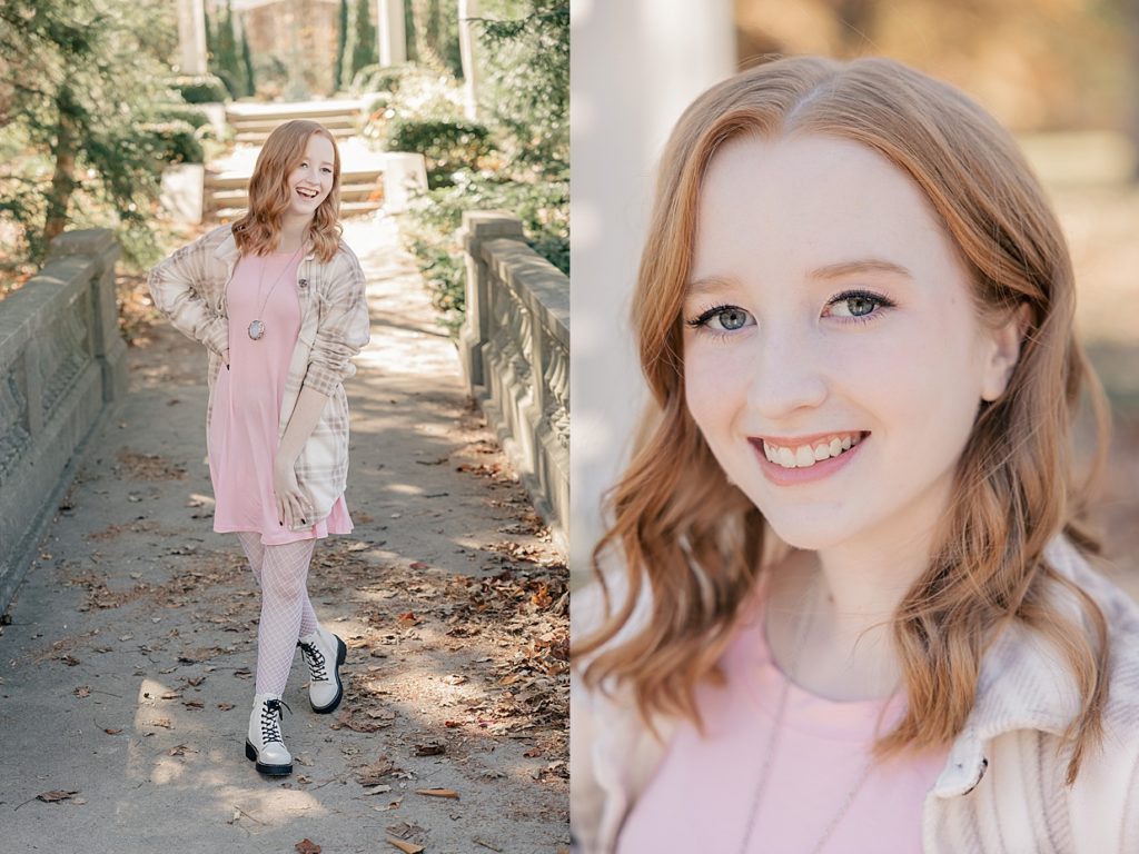Images of a senior in a pink dress at Newfields for her senior session with Indianapolis photographer Brittney Lear Photography
