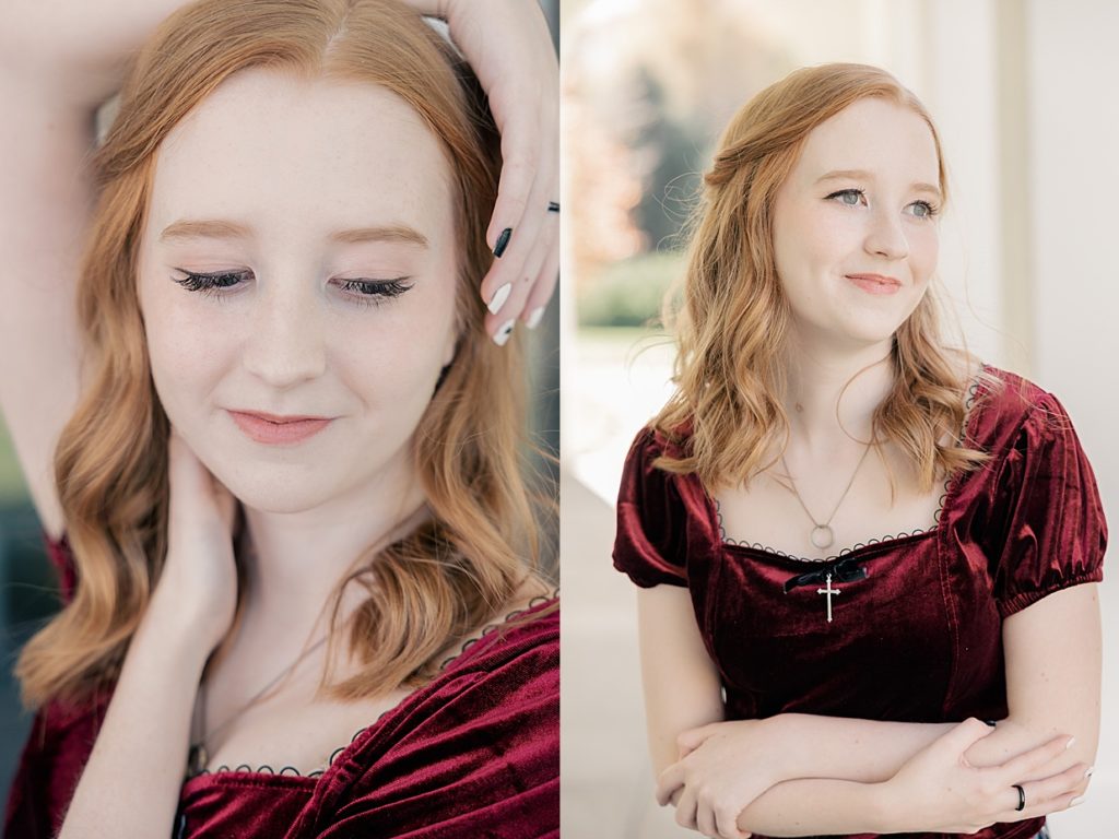 Newfields senior photography session with Indianapolis photographer Brittney Lear Photography, senior girl with red hair in a burgundy top 