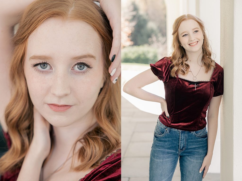 Newfields senior photography session with Indianapolis photographer Brittney Lear Photography, senior girl with red hair in a burgundy top