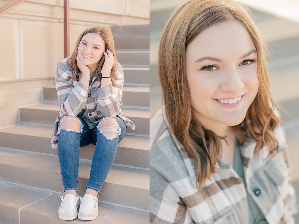 Senior Girl in plaid jacket at the Palladium in Carmel Indiana for her session with Indianapolis senior photographer Brittney Lear Photography