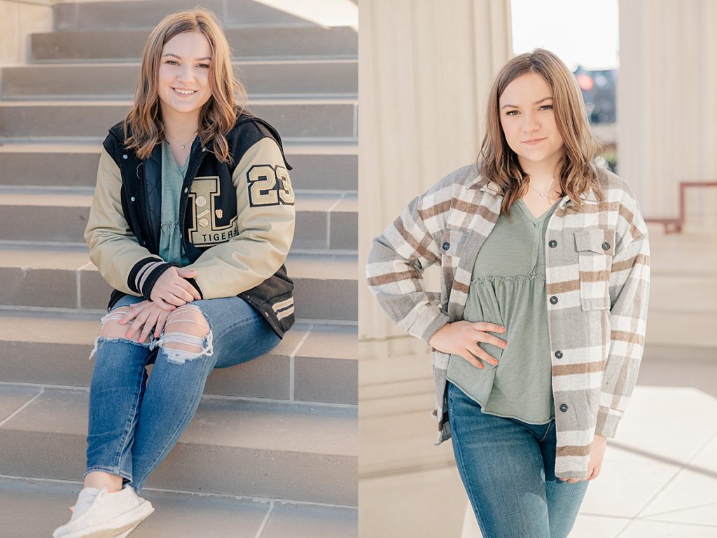 Senior Girl in letter jacket at the Palladium in Carmel Indiana for her session with Indianapolis senior photographer Brittney Lear Photography