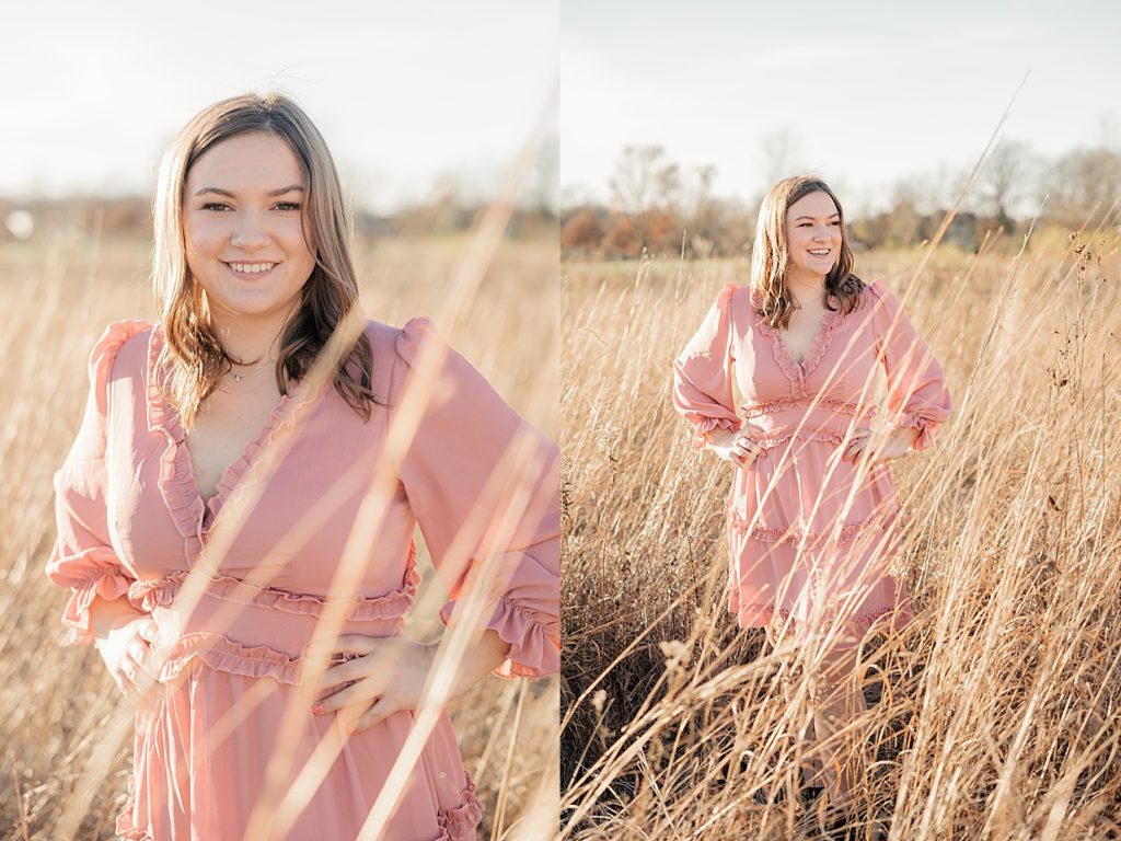 Senior Girl in pink dress in a field at her fall senior photography session with Carmel Senior Photographer Brittney Lear Photography