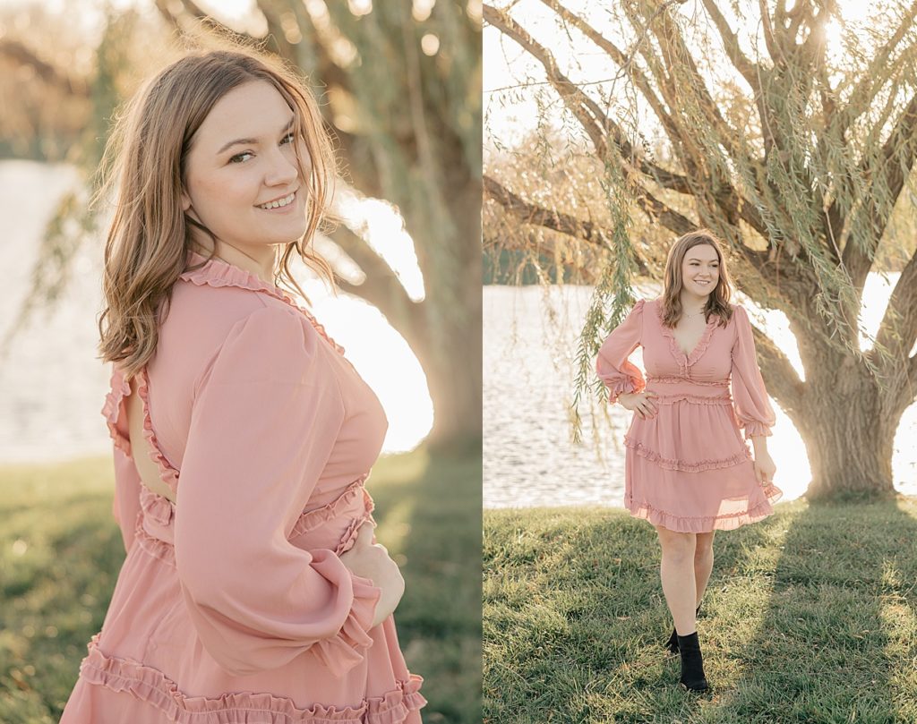 Senior Girl in pink dress by willow trees at Coxhall Gardens in Carmel Indiana for her session with Indianapolis senior photographer Brittney Lear Photography
