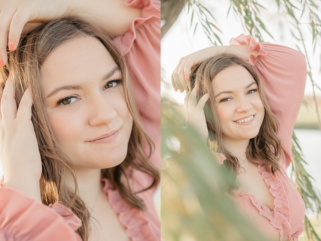 Senior Girl in pink dress by willow trees at Coxhall Gardens in Carmel Indiana for her session with Indianapolis senior photographer Brittney Lear Photography