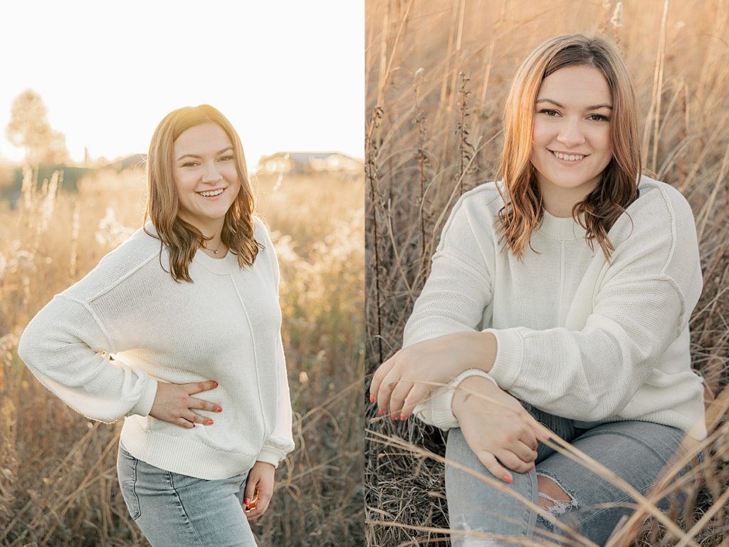 Senior girl in cream sweater in a field at her fall senior photography session with Carmel Senior Photographer Brittney Lear Photography