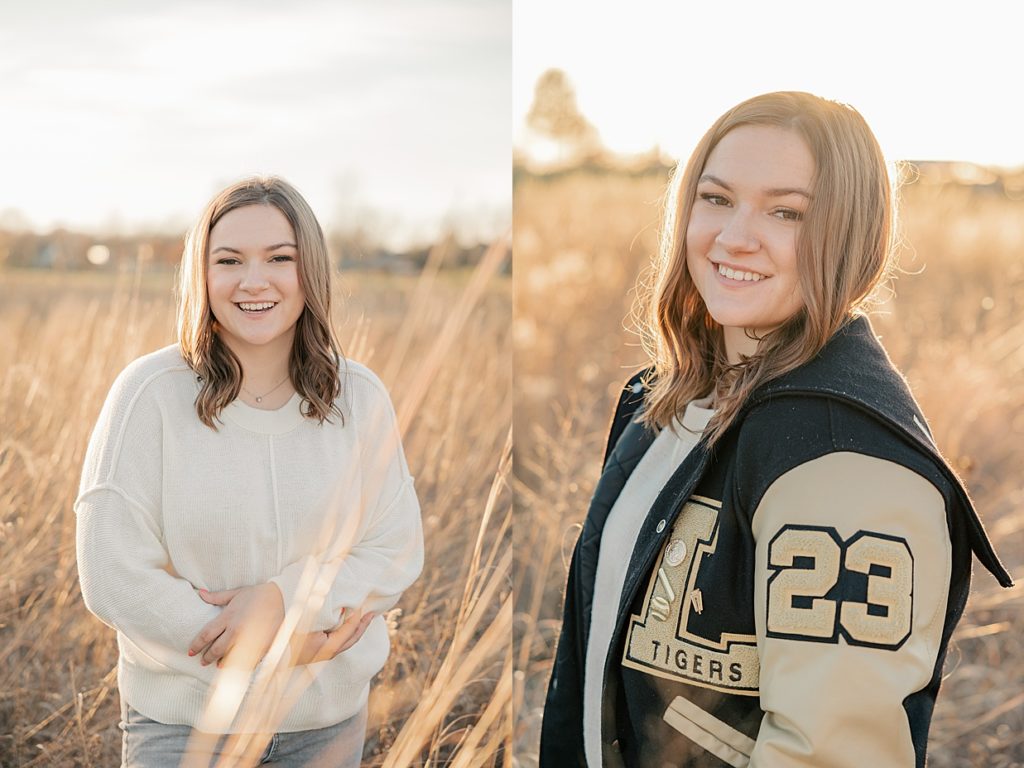 Lebanon Indiana senior in letter jacket 
 in a field at Coxhall Gardens at her senior photography session with Carmel Senior Photographer Brittney Lear Photography