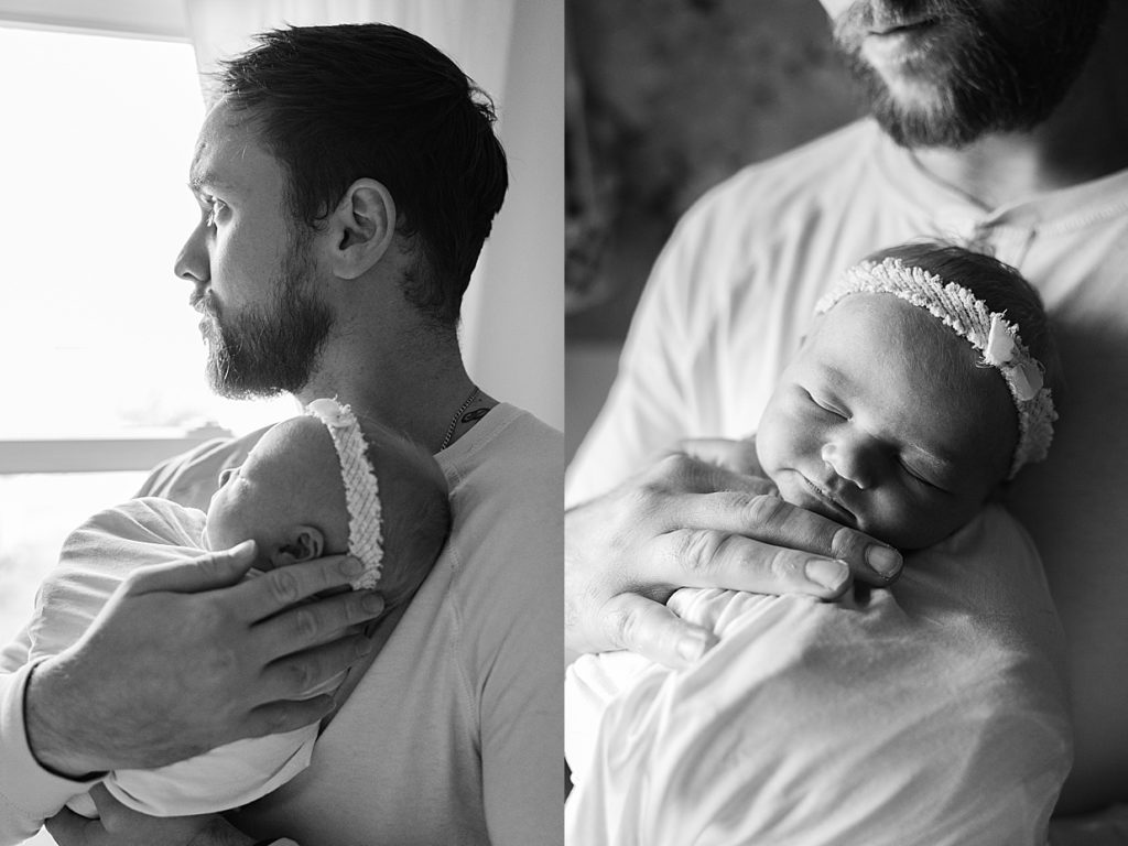 black and white images of father holding his baby girl during her session with Indiana newborn photographer Brittney Lear Photography