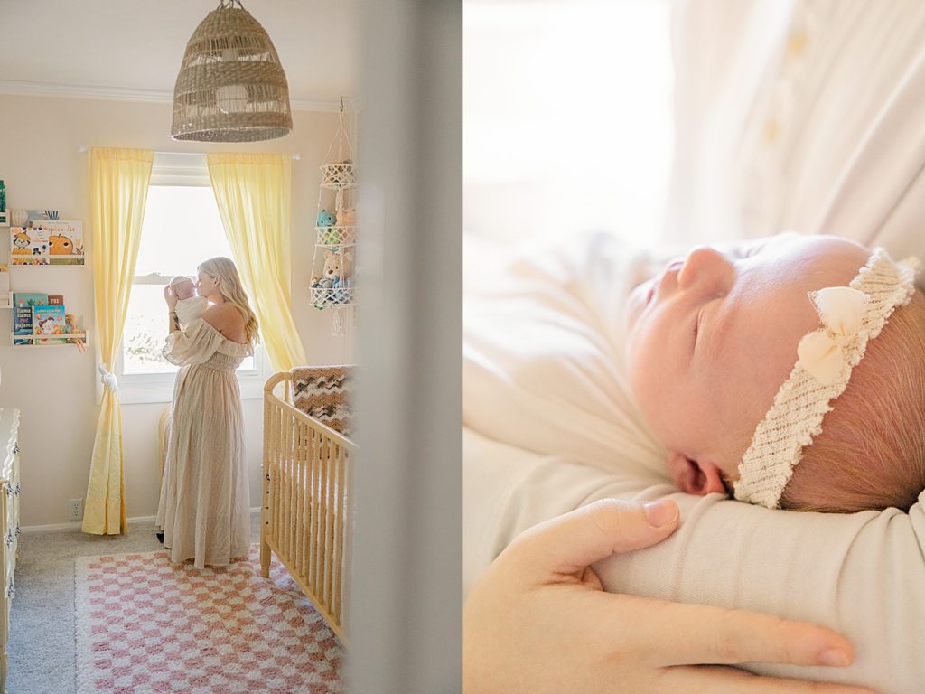images of mother in a cream dress holding her baby girl in her retro nursery during her session with Carmel newborn photographer Brittney Lear Photography