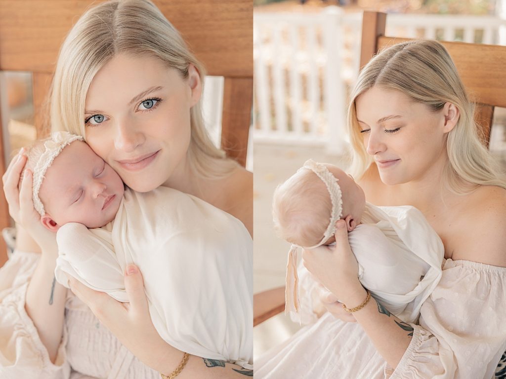 images of mother in a cream dress holding her baby girl on their front porch during her session with Indianapolis newborn photographer Brittney Lear Photography