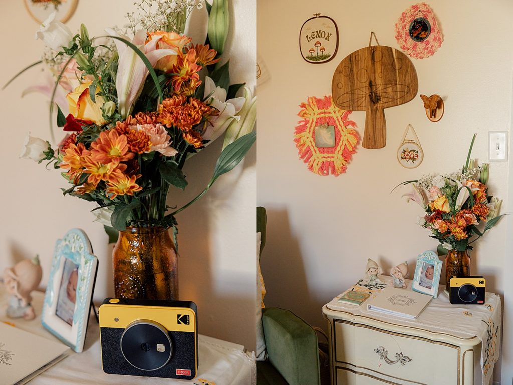 images of a retro 70s themed nursery during an in home newborn session with Zionsville photographer Brittney Lear Photography