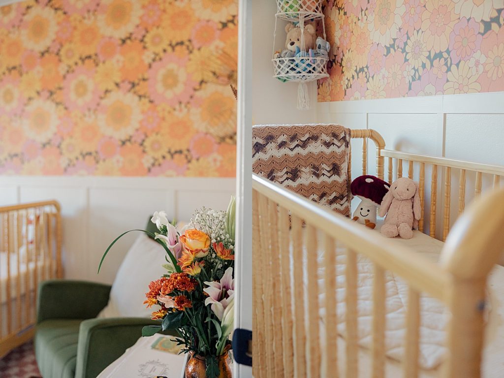 images of a retro 70s themed nursery during an in home newborn session with Carmel photographer Brittney Lear Photography