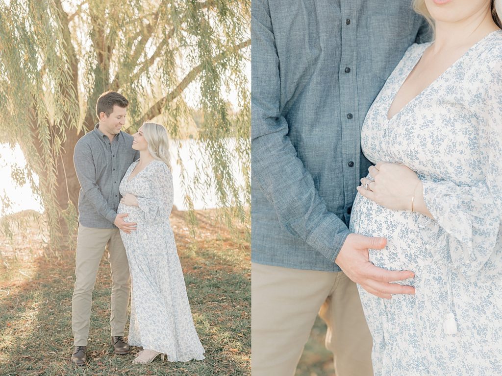Images of a couple standing in front of a willow tree while holding her twin baby bump at 27 weeks pregnant during maternity session with Carmel maternity photographer, Brittney Lear Photography