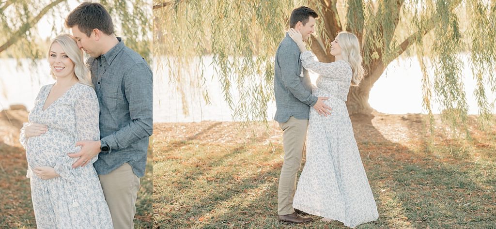 Images of a couple standing in front of a willow tree while holding her twin baby bump at 27 weeks pregnant during maternity session with Carmel maternity photographer, Brittney Lear Photography