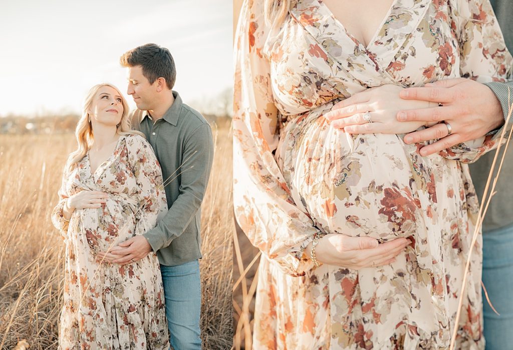 Images of a couple in a fall field while holding her twin baby bump at 27 weeks pregnant during maternity session with Indianapolis maternity photographer, Brittney Lear Photography