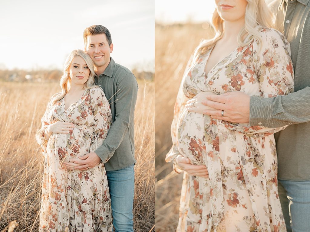Images of a couple in a fall field while holding her twin baby bump at 27 weeks pregnant during maternity session with Indianapolis maternity photographer, Brittney Lear Photography