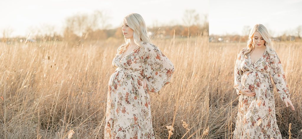 Images of a woman in a cream floral dress in a fall field while holding her twin baby bump at 27 weeks pregnant during maternity session with Indianapolis maternity photographer, Brittney Lear Photography