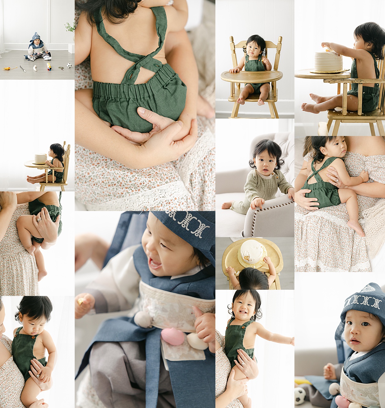 images from a one year old's birthday cake smash session with Indianapolis family photographer Brittney Lear Photography. Doljanchi, hanbok, first birthday.