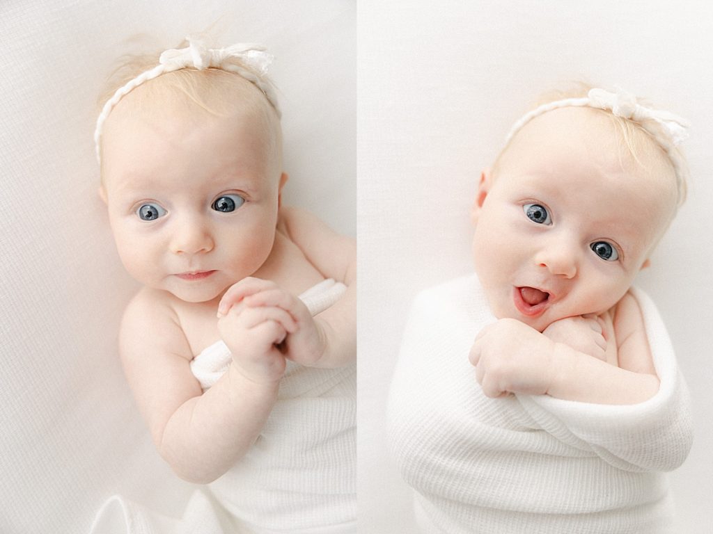 3 month old baby girl wrapped in a white swaddle making fun faces during her session with Zionsville photographer Brittney Lear Photography