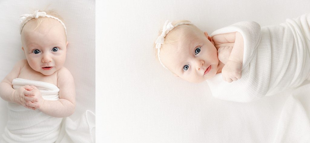 3 month old baby girl wrapped in a white swaddle during her session with Zionsville photographer Brittney Lear Photography